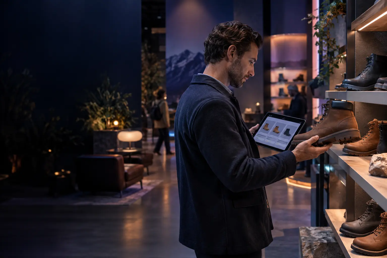Shopper comparing work boots on a tablet while examining a boot in a footwear store