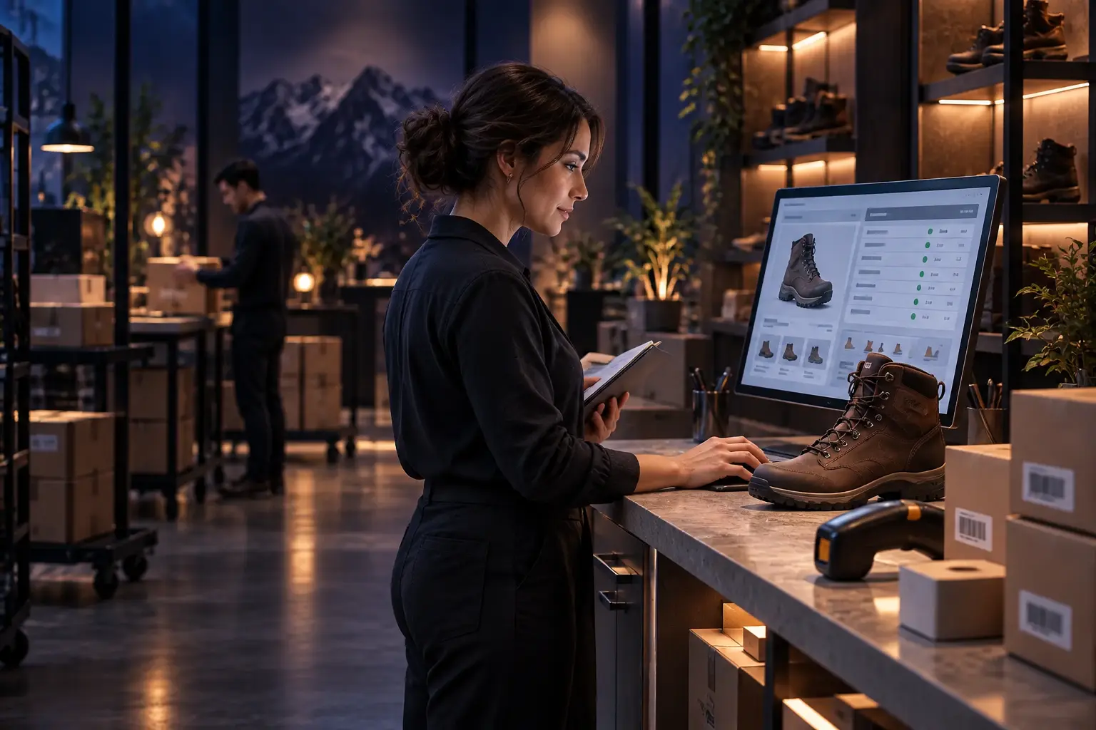 Commerce professional reviewing product information and inventory beside a hiking boot