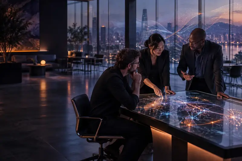 Professionals collaborating around an interactive table displaying AI network visualizations